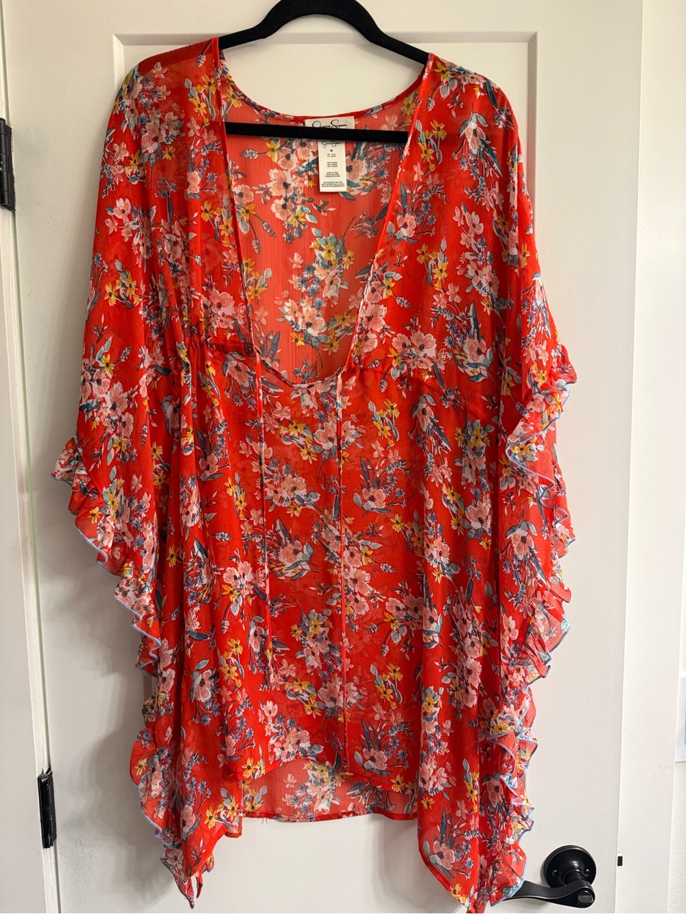 Jessica Simpson Red Floral Ruffle Kimono Tunic